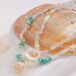 Bohemian multilayer shell and turquoise beaded necklace with starfish for summer beach style