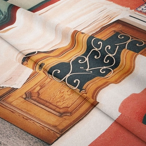 Detailed macro view of high-resolution architectural wood and iron print on twill fabric
