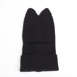 Close-up of black ribbed knit balaclava with cute cat ears and face opening detail