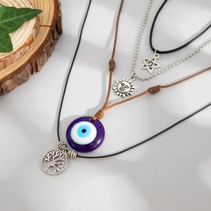 Détails de parure de 4 colliers bohèmes avec œil porte-bonheur, soleil et arbre de vie