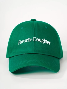 Close-up of Favorite Daughter embroidery on green cotton twill baseball cap