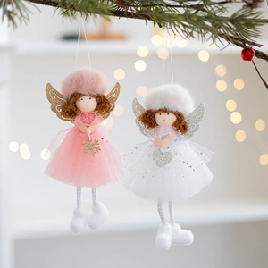 Set of two plush angel Christmas dolls in pink and white with sequin wings on pine branches