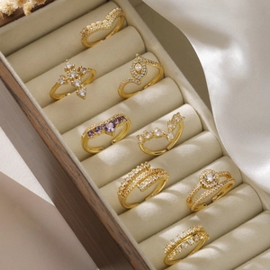 Geometric Gold Plated Copper Open Ring For Women Minimalist Adjustable Zircon Inlaid Fashion Jewelry Luxury Accessory