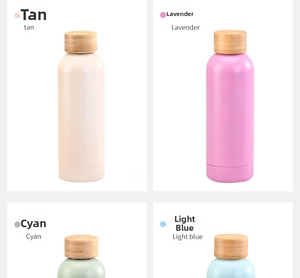 Matte insulated bottles in Tan Lavender Cyan and Light blue with bamboo lids