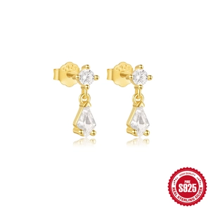 Sparkling S925 sterling silver gold earrings with diamond-shaped cubic zirconia drops