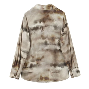 Detail of long sleeve shirt with brown abstract ink-wash dye and button-down collar