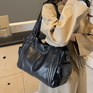 Women Large Capacity Tote Bag Retro PU Leather Handbag Multi Pocket Shoulder Crossbody Purse Commuter