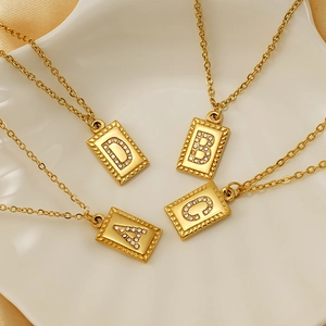 Elegant 18k gold plated alphabet square pendant necklace set with inlaid zircon stones