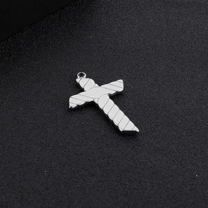 Polished silver stainless steel cross pendant with rope texture and S925 engraved detail