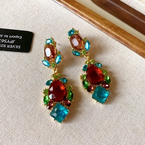Bohemian style drop earrings with colorful crystals and golden finish for women