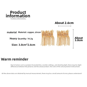 Detailed view of gold plated zircon fringe earrings showing dimensions of 3.8cm by 2.6cm