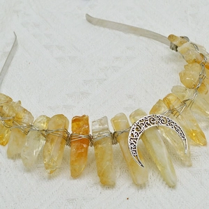 Handmade crown headband with natural yellow fluorite crystals and silver moon charm
