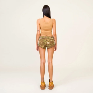 Rear view of camouflage outdoor shorts paired with a brown ribbed tank top for women
