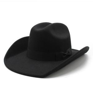 Classic black wool felt cowboy hat with ribbon bow trim in a 45-degree angle view