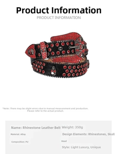 Detailed close-up of a Y2K leather belt with red rhinestones and silver skull buckles