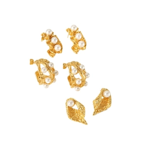 French vintage 18K gold plated stainless steel pearl earrings set on white background