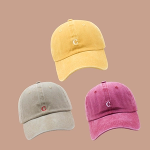 Vintage washed cotton baseball caps with C embroidery in yellow, khaki and rose red colors