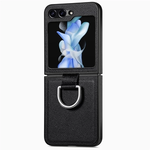 Detail view of black leather texture phone case with silver metal ring for Z Flip series
