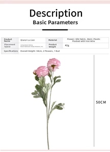 Detailed view of artificial pink Persian Buttercup with silk petals and 50cm flocked stem
