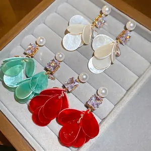 Layered Petal Dangle Earrings With 925 Sterling Silver Earring Post Square Zircon Faux Artificial Pearl Elegant Vacation Style Women