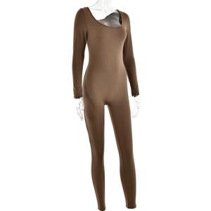 Detail view of brown high-elasticity long sleeve bodysuit with U-neck and tailored seams