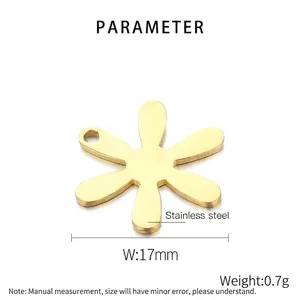 Makroaufnahme von 17 mm Gold-Edelstahl-Blumenanhänger mit Produktdaten und Abmessungen