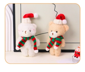 Detail view of plush Christmas bears with red knit hats and striped festive scarves