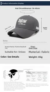 Size chart showing dimensions for the unisex embroidered cotton baseball cap in dark gray