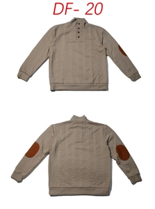 Detailed view of men's khaki knit sweater featuring classic brown elbow patches and buttoned neck