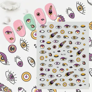 Detailed Me130 nail art stickers featuring colorful evil eye and feather designs