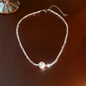 Freshwater Pearl Pendant Necklace Irregular Silver Faceted Copper Beads Minimalist Clavicle Chain For Women Elegant Jewelry