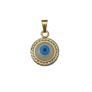 Golden stainless steel evil eye pendant with blue enamel and sparkling crystal accents