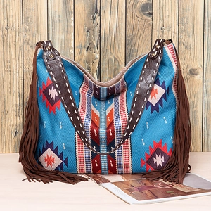 Detail of woven Bohemian bag featuring Aztec patterns and long dark brown side tassels