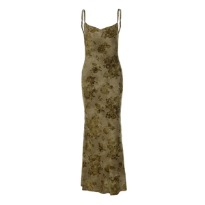Detail of slim fit maxi dress featuring backless chain decor and vintage floral pattern