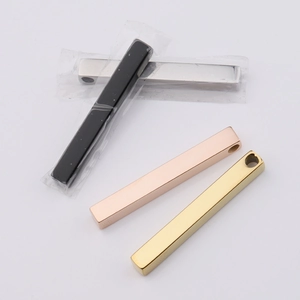 Polished rectangular stainless steel bar pendants in black, silver, rose gold, and gold