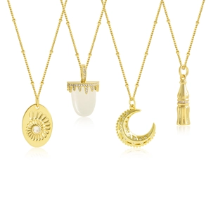 Vintage Gold Plated Copper Zirconia Pendant Necklace For Women Moon Dog Flower Bottle Shaped Clavicle Beaded Chain Jewelry