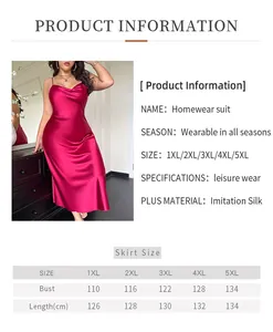 Detailed size chart for plus size women's satin nightgown in 1XL to 5XL for homewear