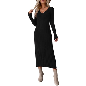 Robe longue en maille noire à col en V et manches longues pour femme, coupe élégante