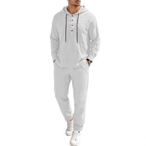 Men's white linen two-piece casual tracksuit featuring a hooded long-sleeve top and trousers