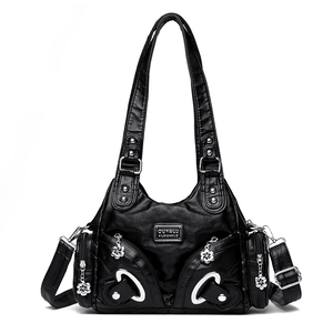 Women Retro Soft PU Leather Crossbody Bag Large Capacity Multi Pocket Shoulder Handbag With Flower Charms Casual Tote