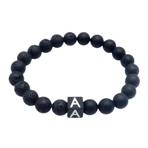 Lava stone and matte onyx beaded bracelet featuring a square bead with white letter A