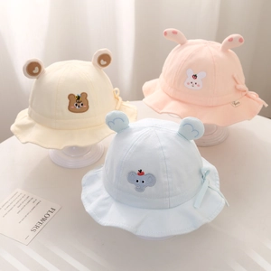 Baby Bucket Hat Cotton Animal Embroidery 3D Ears Adjustable Drawstring Sun Protection Soft Outdoor Hat For Infants