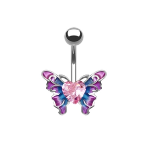 Eleganter Schmetterlings-Bauchnabelpiercing mit herzförmigem rosa Stein und lila Flügeln