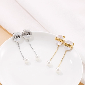 Fashion round shell LOVE pearl tassel earrings set in gold and silver finish