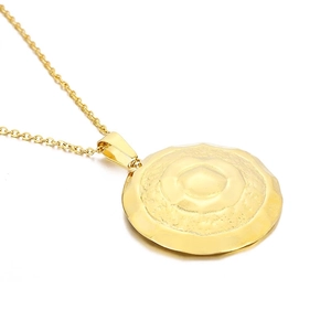 Minimalist gold round pendant necklace with hammered texture and polished finish for women