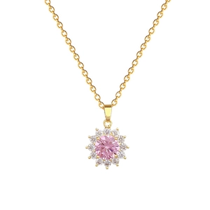Elegant gold titanium necklace featuring a pink gemstone sunflower pendant on white background
