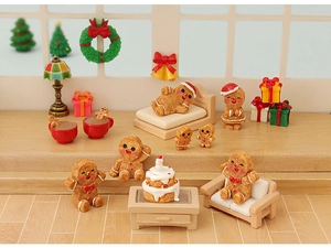 Miniature gingerbread man figurines with tiny furniture and Christmas decor set
