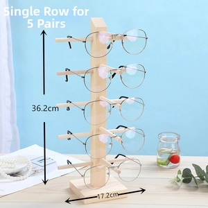 Detail of pine wood display stand for 5 pairs of glasses with size dimensions