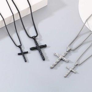 Hip hop stainless steel cross pendant necklace set in black and silver colors
