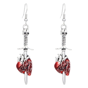 Gothic sword and red heart earrings with skull details for women halloween jewelry